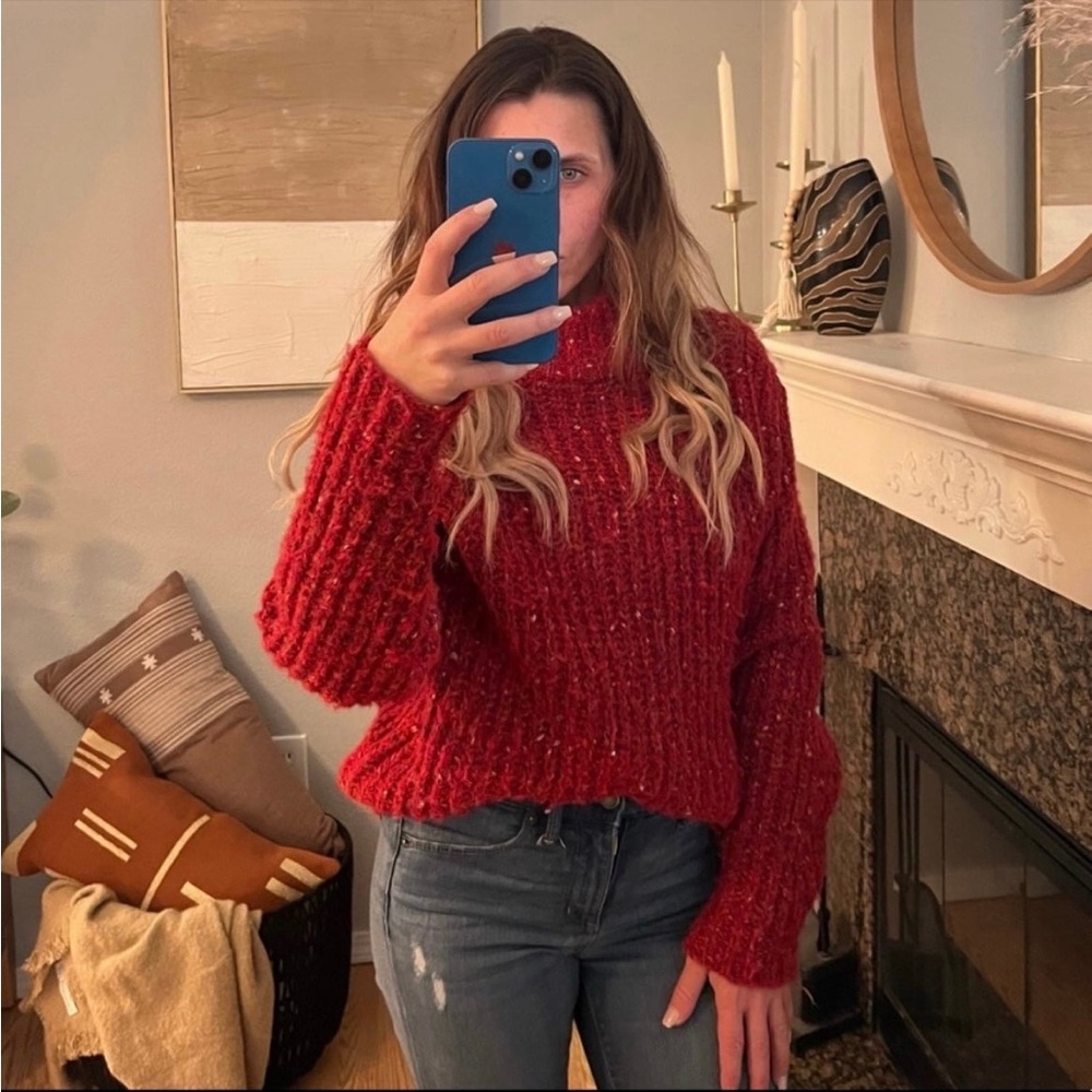 A new day red chunky knit sweater mock neck wool blend oversized xs ×-small